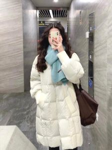 XUECAIQI | Thickened Warmth Korean Style Light Apricot Color Mid Long Round Neck Quilted Coat