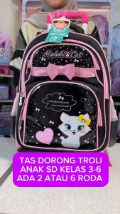 Tas Troli Roda Anak Perempuan SD Bisa Lepas Pasang Cat Black Pink Dapat Slingbag & Kotak Pensil | Kivaro 2818