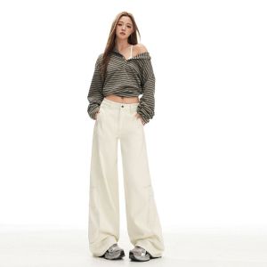 La Chapelle | Khaki Fleece-lined Wide Leg Jeans for Pear Shape Body Concealing Hips