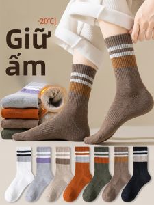 JINGCHI | Tất ống dài lót lông cừu dày dặn cho nữ mùa đông Tất ống giữa dày dặn giữ ấm họa tiết sọc cho nữ Tất ống dài