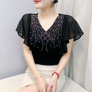 Yimei áo phong cách hàn quốc thanh lịch nữ mùa hè với áo thun cao cấp màu đen đính kim cương ôm vừa và thon gọn áo khiêu vũ tay ngắn viền xù