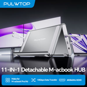 PULWTOP 11-in-1 MacBook Docking Station with 2X 4K 60Hz HDMI 100W PD Ethernet SD/TF 10Gbps USB A/C for M5/M4/M3 Pro/Max