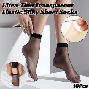 10Pcs Women’S Sheer Crystal Silk Socks Ultra-Thin Transparent Elastic Silky Short Socks Invisible Sheer Ankle Socks