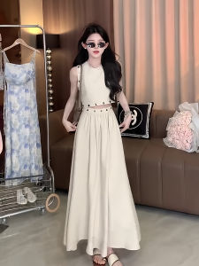 2025 New Womens High Waist Short Sleeve Tank Top And Skirt Set Fashionable And Elegant Style Cotton Material round Neck Design