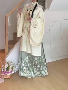 plus Size Hanfu Womens Fat MM 200 Pounds Ming Dynasty Stand Collar Cloud Shoulder Long Shirt Embroidered Horse Tail Skirt Daily Spring Set