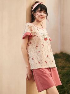 LUNILAI | 2023 New Pure Cotton Summer Lightweight Cherry Print Loose Home Clothes Set Womens Sleepwear Comfortable Breathable Casual Style