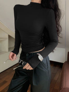 Spicy Girl Pure Desire Long Sleeve T-Shirt Womens Slim Fit Base Shirt Half High Collar Cotton Autumn Design Sense Folded