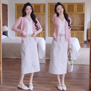 XUECAIQI | Pretty Pink Two-Piece Set Knitted Sweater and Straight Skirt