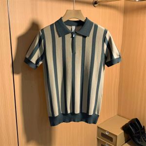 Summer Mens Ice Silk Stripe Knitted Polo Shirt Casual Loose Fashionable Short Sleeve Turn-down Collar T-shirt for Youth