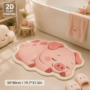 VIKAMA Cartoon Pink Pig Animal Shaped Rug Lovely Heart Pattern Anti‑Slip Washable Floor Mat Kids Room Home Decoration