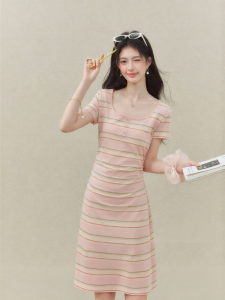 OUYANGXI | Đầm A-Line Knit Tay Ngắn Sọc
