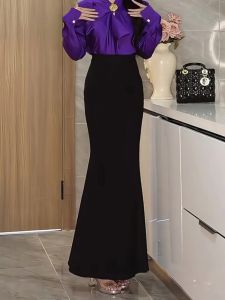 Elegant French Lady Style High Waist Draped Black Bodycon Mini Dress Womens Autumn New Arrival Chic Versatile Long Skirt