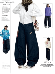 กางเกงยีนส์ทรงหลวมเอวสูงสไตล์อเมริกันย้อนยุคสำหรับผู้หญิง กางเกงขายาวทรงขากว้าง กระเป๋าข้าง ลายสก็อต ทรงเอวสูง กางเกงยีนส์ทรงหลวม