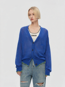URLAZH | New Azure Casual Lightweight V-Neck Drop Shoulder Letter Embroidery Long Sleeve Knit Cardigan