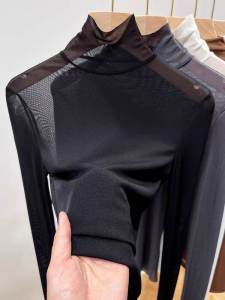 เสื้อเชิ้ตคอวีลายลูกไม้สีดำ แขนยาว ทรงเข้ารูป เสื้อเชิ้ตผู้หญิง แฟชั่นฤดูใบไม้ผลิและฤดูใบไม้ร่วง เสื้อเชิ้ตผ้าตาข่ายบาง โปร่งแสง เสื้อเชิ้ตผู้หญิง