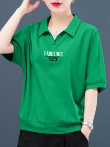 เสื้อยืดคอโปโลผู้หญิงแขนสั้นผ้าฝ้ายแท้ฤดูร้อน ทรงหลวม ลำลอง ไซส์ใหญ่ เสื้อตัวบนแฟชั่น คอโปโล แขนสั้น ปกติ