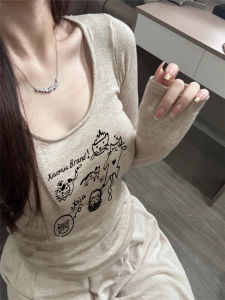 Áo Thun Dài Tay Ôm Vừa Vặn Cổ Chữ U Cho Nữ Mùa Thu Đông Phong Cách Mới Áo Thun Cotton Thường Ngày in Họa Tiết Họa Tiết Động Vật