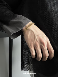 Fashion 18K Gold Plated Flat Chain Bracelet American Style Hip Hop Retro Twin Men Titanium Steel Trendy Gold Cuban Bracelet