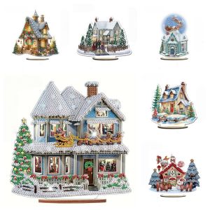 A DIY home scene diamond painting art piece a wooden Christmas house decoration for a single-sided crystal table
