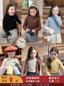 Thickened Half High Collar Base Shirt for Girls Childrens Self Heating Fabric Locks Temperature Warm mid Collar T Shirt Autumn Winter Wear