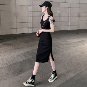 Black Slim Fit Halter Dress Womens Summer Open Split Waist Cinching Vest Dress Inner Black Dress Korean Style round Neck
