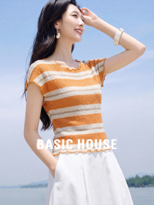 Basic House | Colorblock Stripes Crew Neck Short Sleeve Slimming Knit Top