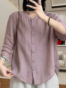 Áo Sơ Mi Nữ Tay Lửng Mùa Hè 2025 Cổ Tròn Dáng Rộng Cỡ Lớn Thời Trang Trẻ Trung Cổ Điển Thường Ngày Chất Liệu Cotton Màu Trơn