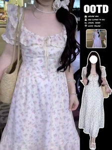 Pink Square Collar Long Dress Floral Print Bubble Sleeve Tea Break French Bellflower Womens Summer New Style A-Line Dress