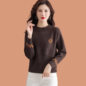 Áo Len Chui Đầu Ngắn Màu Trơn Bằng Lông Cừu Dành Cho Nữ Cổ Tròn Dáng Rộng Phong Cách Hàn Quốc Áo Len Dệt Kim Dài Tay