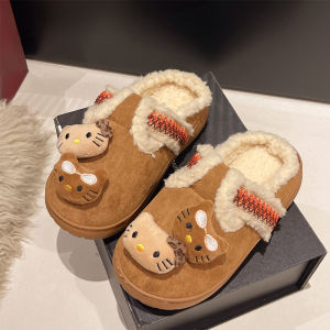 Cute Cartoon KT Cat Furry Slippers Womens Comfortable Cotton Slippers Autumn Winter New Style Outdoor Wearable Warm Booties