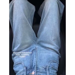 Stylish High-end French-American Design Rhinestone Wide Leg Jeans