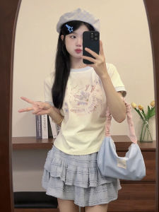 Áo Thun Nữ Tay Ngắn Cổ Tròn in Họa Tiết Hoạt Hình Mùa Hè Mới Vừa Vặn Eo Thon Gọn Áo Thun Cotton Co Giãn Thoải Mái