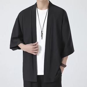 Áo Khoác Kimono Nhẹ Dành Cho Nam Màu Đen Truyền Thống Nhật Bản Haori Yukata Áo Khoác Mở Phía Trước Áo Choàng Cardigan Nam Tay Áo Ba Phần Tư