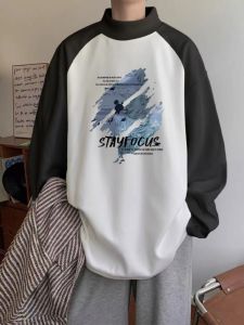 Áo Thun Dài Tay Dày Lót Lông Cừu Cổ Cao Dáng Rộng Cho Nam Mùa Đông Áo Thun Mỹ Thời Trang Thường Ngày Bằng Polyester