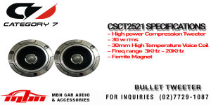 BULLET TWEETER 30WRMS CATEGORY 7 HIGH POWER COMPRESSION TWEETER 2pcs./set (CSCT2521)