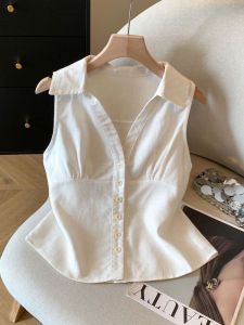 เสื้อเชิ้ตแขนกุดคอโปโลสไตล์ฝรั่งเศสสำหรับผู้หญิง ฤดูร้อน 2025 เสื้อเชิ้ตผ้าลินินทรงหลวมสบาย ๆ สไตล์สตรีท กระดุมข้างเดียว