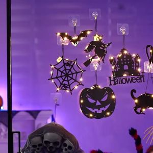 Đèn treo phát sáng nhện bí ngô phù thủy trang trí Halloween nhựa mica đen
