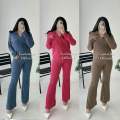Deluna - Vior One Set Wanita - Setelan Atasan Kemeja Loose Oversize Lengan Panjang Dan Celana Cutbray Highwaist Bahan Knit Stretch Bawahan Kancing. 