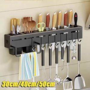 Wall Knife Holder Kitchen Counter Organization Knife Block Stainless Steel Kitchen Knife Rack Wall Organizer with Hooks