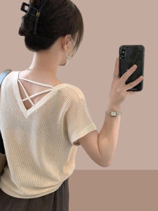 French Style Ice Silk Knitted T-Shirt Womens Summer Loose Fit Short Sleeve Slimming Top V-Neck Casual Wear Pure Color