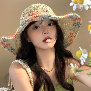 Color Woven Straw Hat Female Summer Seaside Vacation Sunshade Sun Protection Hat Breathable Cut Out Big Brim Face-Showing Small Hat