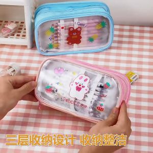 Large Capacity Pencil Case Cute Cartoon PVC Portable Waterproof Pen Bag Storage ins Korean Style girls pencil case school supplies