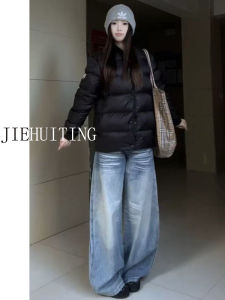 Low Waist Wide Leg Denim Jeans Womens Loose Floor Length Cat American Retro Style plus Size Cotton Trousers