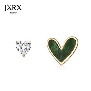 Green Heart Shaped Asymmetric Silver Needle Earrings Womens Fashion Jewelry Elegant Design Hoop Earrings for Spring 2023