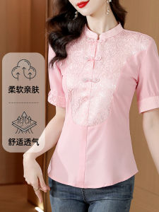New Chinese Style Casual Shirt Womens Summer New Short Sleeve Loose Tummy Covering Top National Style Button up Blouse