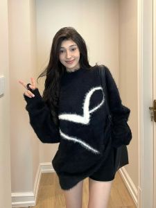 Soft Cozy Cashmere Sweater Womens Autumn Winter New Black round Neck Knitted Loose Overhead Shirt Lazy Style Fashionable Korean