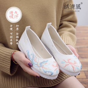 Embroidered Breeze Antique Style Spring Flat Shoes for Han Chinese Clothing Versatile Embroidery Female Cloth Shoes Strong Cloth Soles Lace-up Student Performance Bow Shoes
