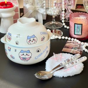 Chiikawa Ceramic Double Ear Noodle Bowl with Lid Dormitory Student Cafeteria Rice Bowl Soup Bowl Dining Utensils Cute Style