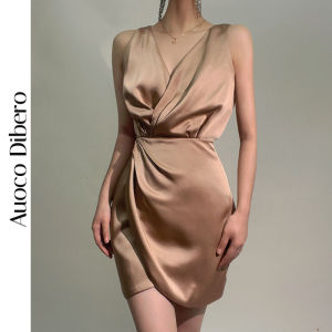 Elegant French Style Satin Birthday Dress V-Neck Waist-Cinching Evening Gown Short A-Line Skirt Zipper Closure Polyester Fabric