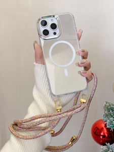 Fashionable Wireless Charging Mirror Surface Phone Case for 16promax 15pro 14pro 13p with Hanging Rope Slant Carry Phone Cover